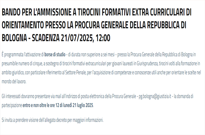 Collegamento a Bando attivazione di 5 tirocini post laurea di Giurisprudenza - PROCURA GENERALE DELLA REPUBBLICA DI BOLOGNA