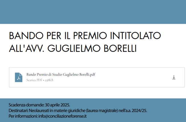 Collegamento a BANDO PER IL PREMIO INTITOLATO ALL'AVV. GUGLIELMO BORELLI